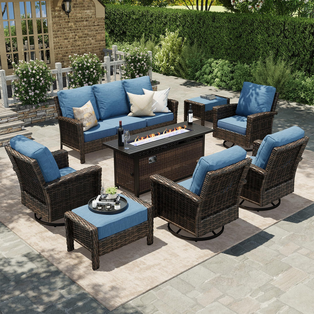 8-Piece Outdoor Furniture Set with Fire Pit Table, Patio Conversation Set with 5.5-Inch Thick Cushions & High Back Swivel Chairs, All-Weather Wicker Deep Seating Sofa with Ottomans, Blue