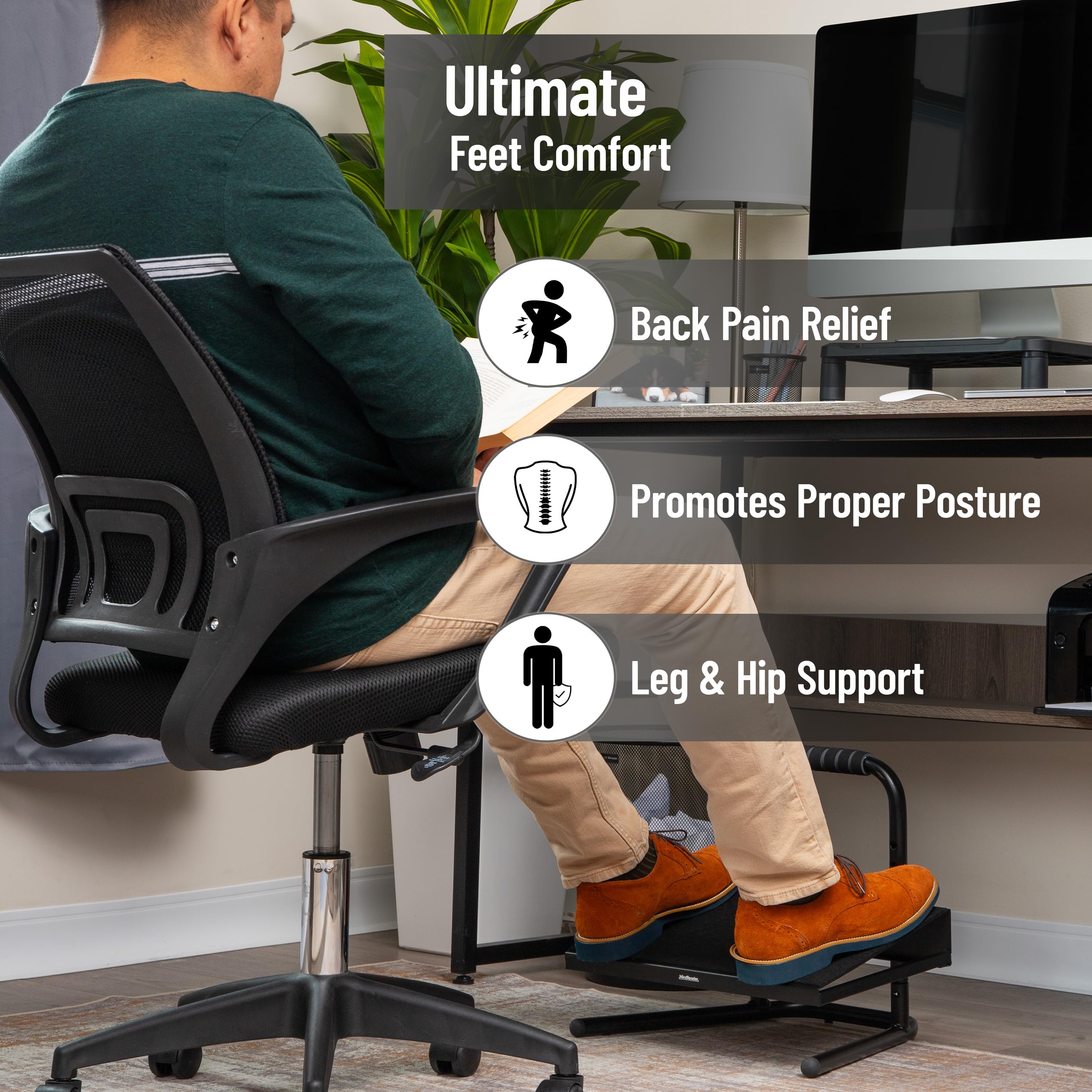 Foot Rest, Under Desk at Work, Ergonomic, Height Adjustable, Office, Metal, Black