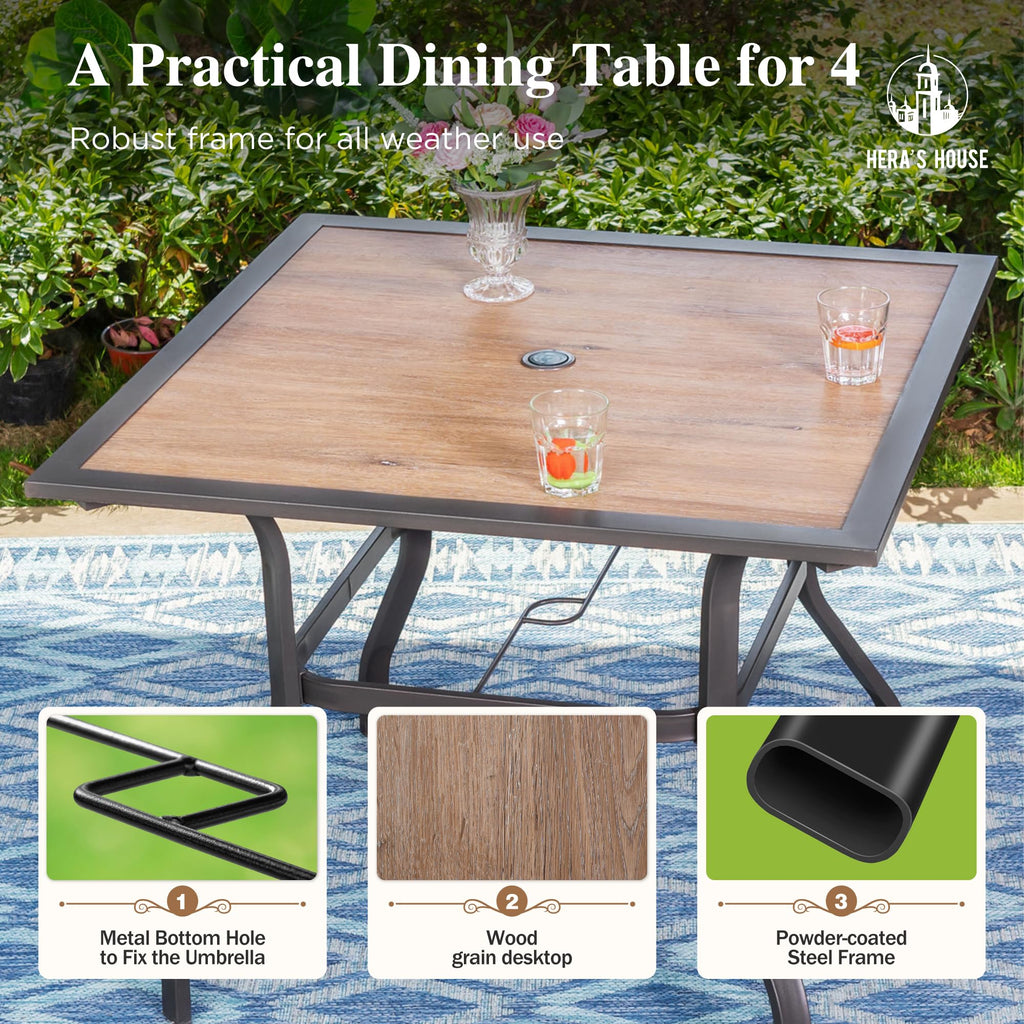 Outdoor Dining Set 5 Piece Patio Furniture Set, 4 x Textilene Dining Chair, 37" Square Wood Look Table for Lawn Garden Backyard Deck, Red