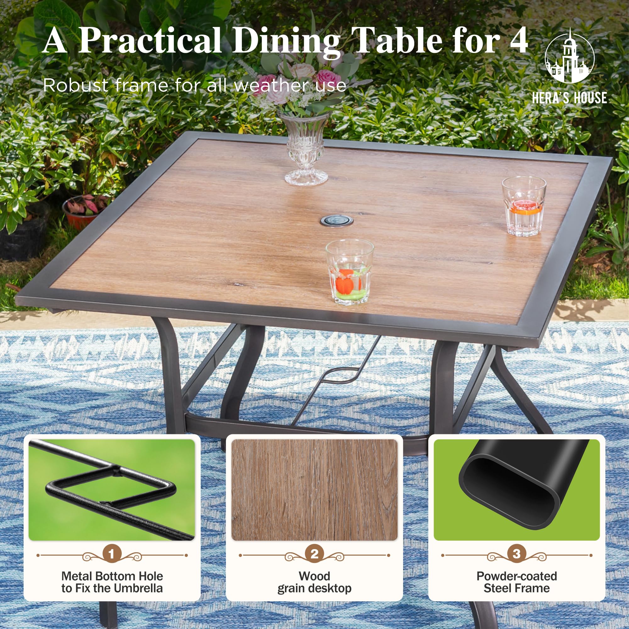 Outdoor Dining Set 5 Piece Patio Furniture Set, 4 x Textilene Dining Chair, 37" Square Wood Look Table for Lawn Garden Backyard Deck, Red