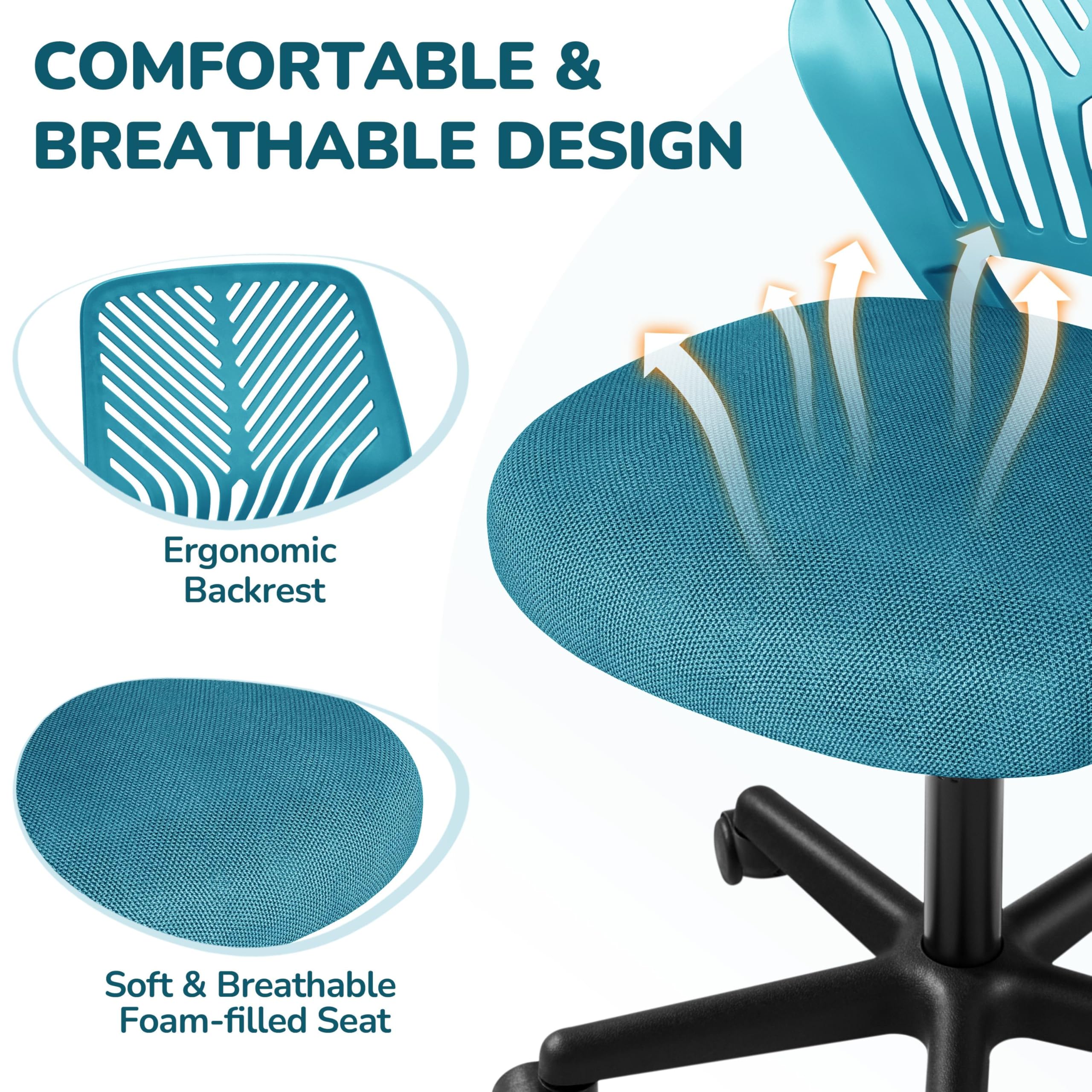Kids Cute Office Chair Low-Back Armless Study Chair w/Lumbar Support Adjustable Height for Children in Bedroom School, Turquoise