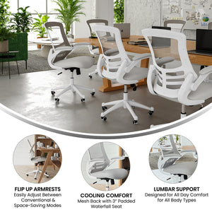Mid-Back Swivel Office Chair with Adjustable Lumbar Support and Seat Height, Ergonomic Mesh Desk Chair with Flip-Up Armrests, Gray/White