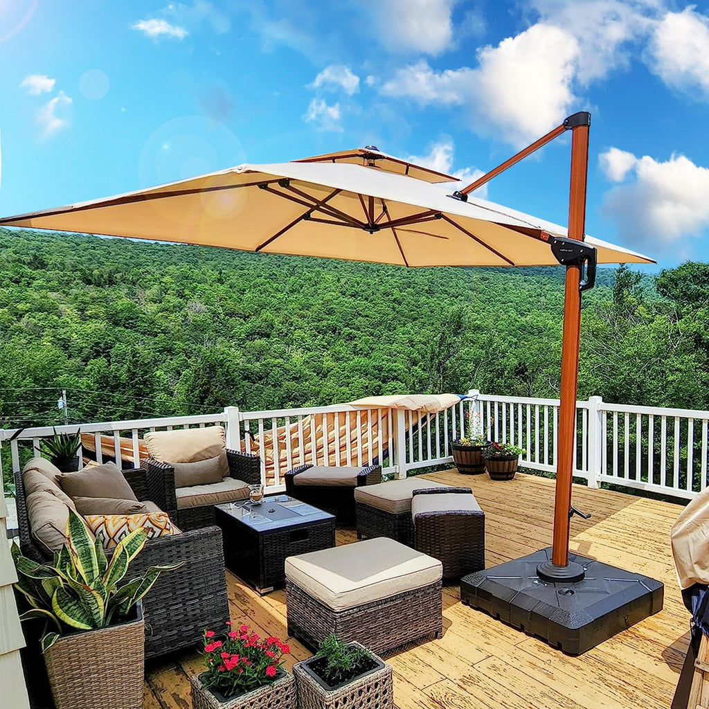 9' X 12' Double Top Deluxe Wood Pattern Rectangle Patio Umbrella Offset Hanging Umbrella Outdoor Market Umbrella Garden Umbrella, Beige