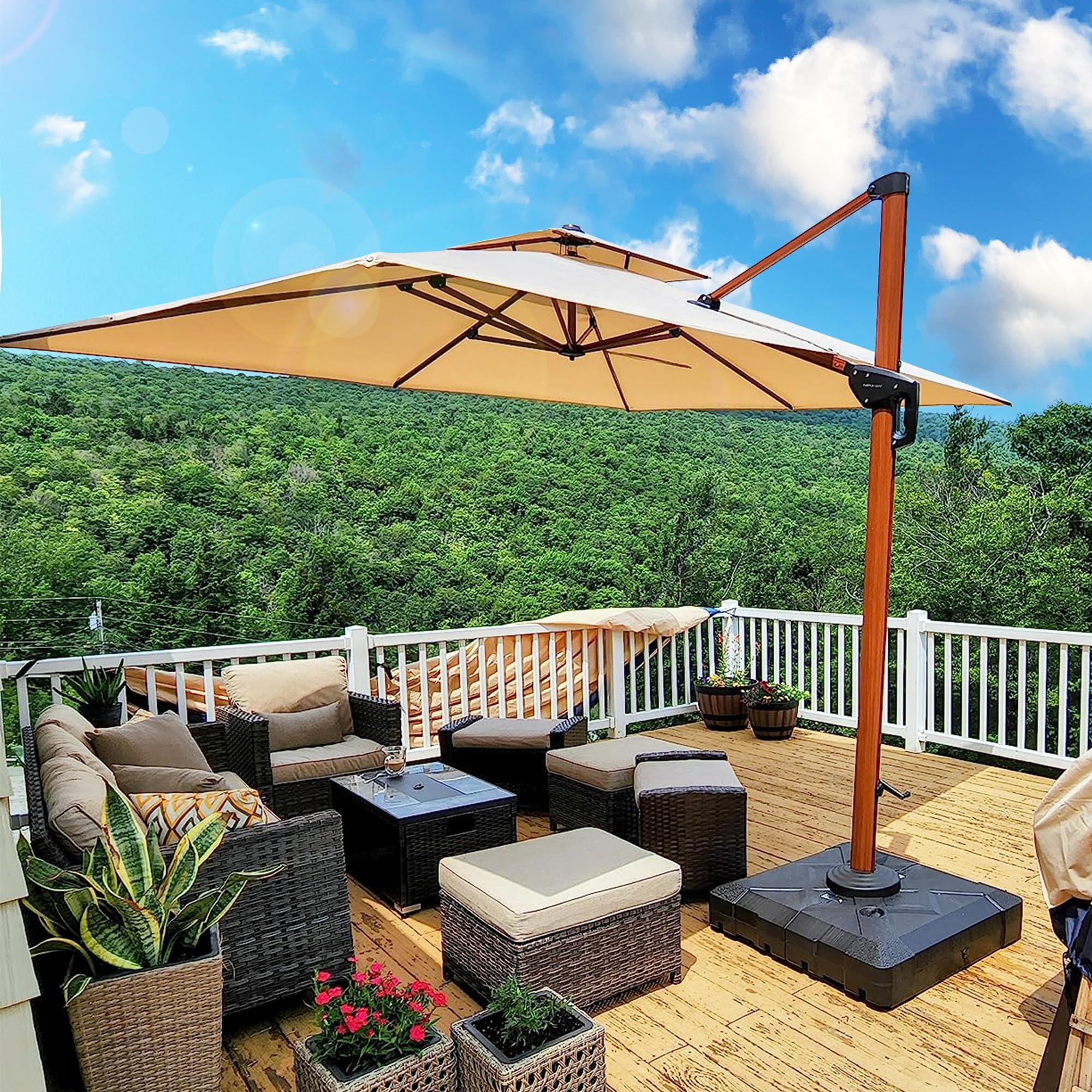 9' X 12' Double Top Deluxe Wood Pattern Rectangle Patio Umbrella Offset Hanging Umbrella Outdoor Market Umbrella Garden Umbrella, Beige