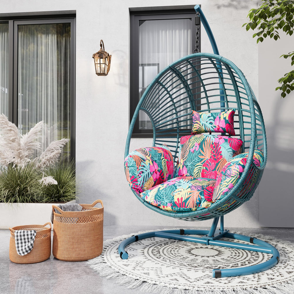 Oversized Hanging Egg Chair Outdoor Indoor, Wicker Swing Egg Chair with Stand 400lbs Capacity for Bedroom, Patio, Garden and Balcony (Hawaii Blue-Regular, Oversize)