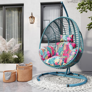 Oversized Hanging Egg Chair Outdoor Indoor, Wicker Swing Egg Chair with Stand 400lbs Capacity for Bedroom, Patio, Garden and Balcony (Hawaii Blue-Regular, Oversize)