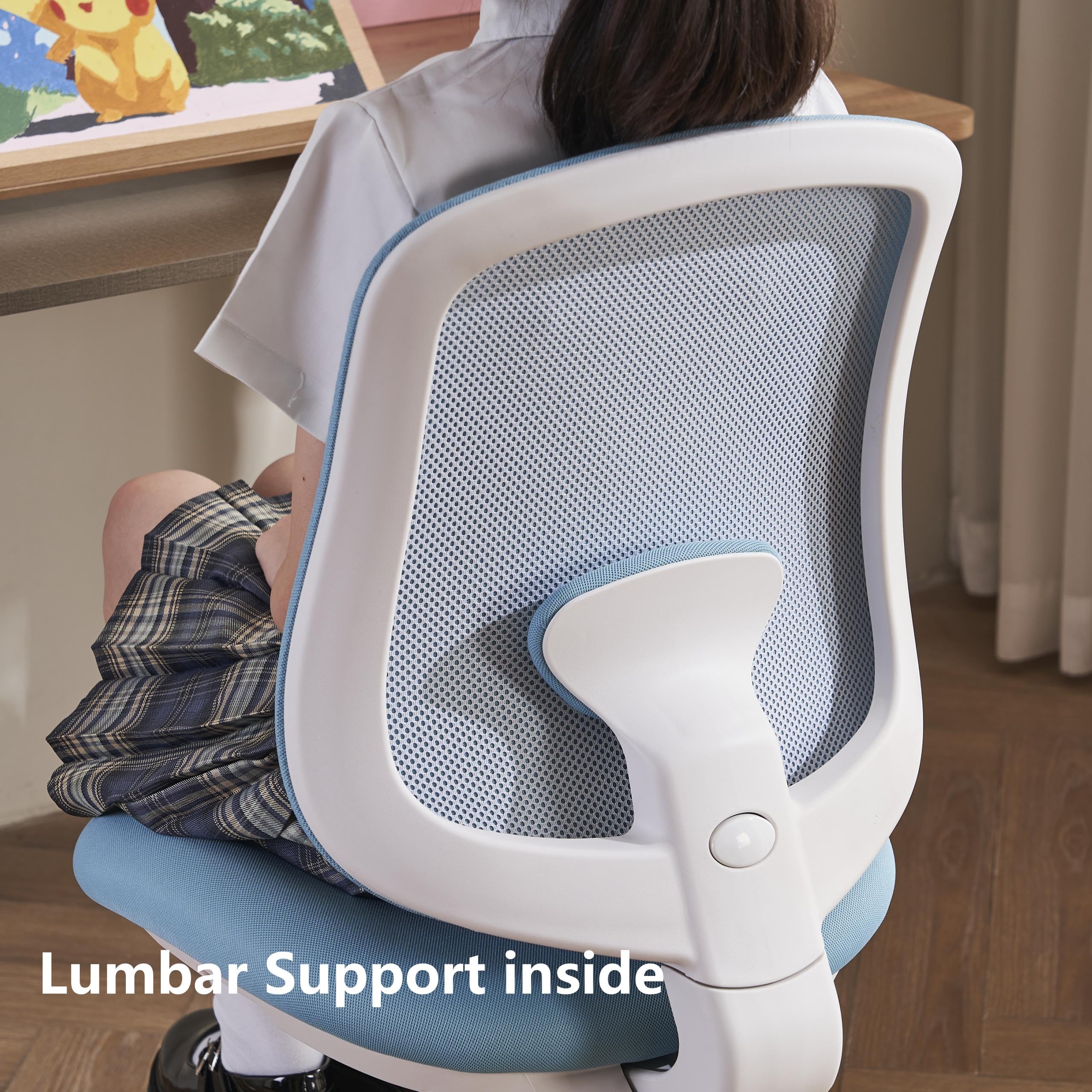 Desk Chair, Ergonomic Study Chair for Kids with Lumbar Support and Footrest, Adjustable Height, Mesh Student Chair with Adjustable backrest, Model Shell (Blue)