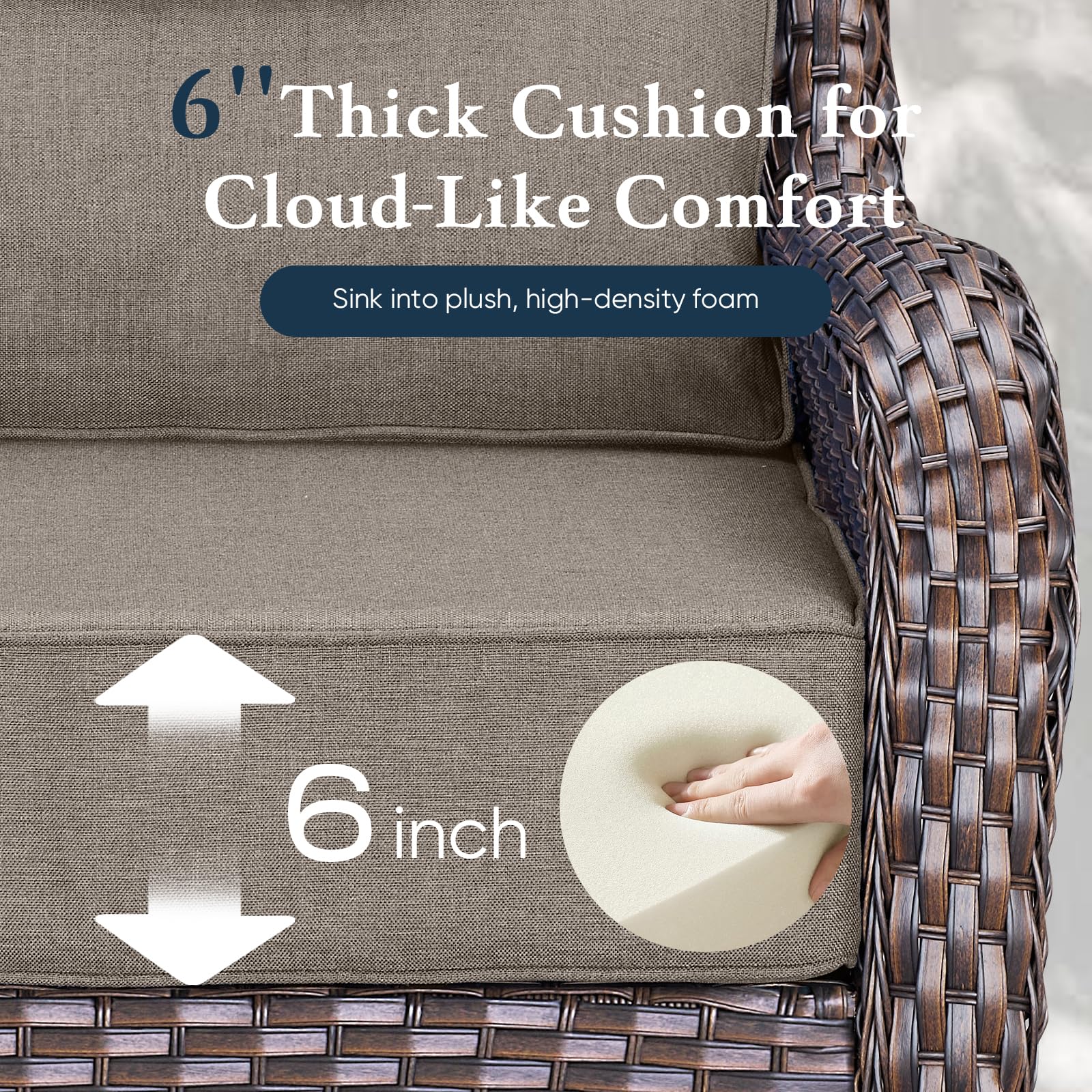 Luxury 6" Thick Cushioned 6 Pieces Patio Furniture Set with Outdoor Couch, Wicker Outdoor Conversation Set with High Back Swivel Rocker Chairs for Deck Porch Yard and Poolside - Brown+Grey