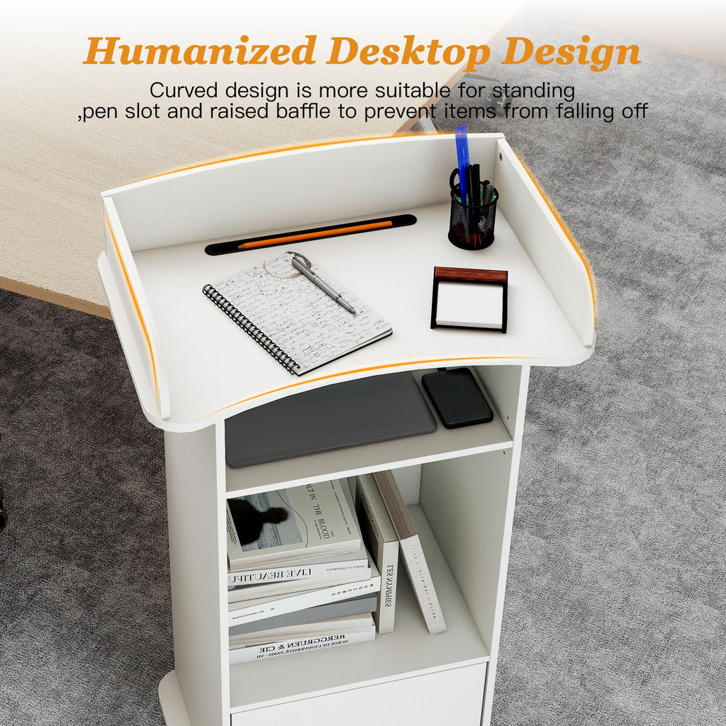 Podium Stand with Metal Wheels Wooden Lectern Podium Stand Portable Pulpit Standing with Storage Mobile Reception Podiums Desk for Church Office School Conference Restaurant Meeting, White