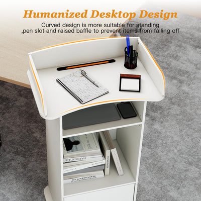 Podium Stand with Metal Wheels Wooden Lectern Podium Stand Portable Pulpit Standing with Storage Mobile Reception Podiums Desk for Church Office School Conference Restaurant Meeting, White