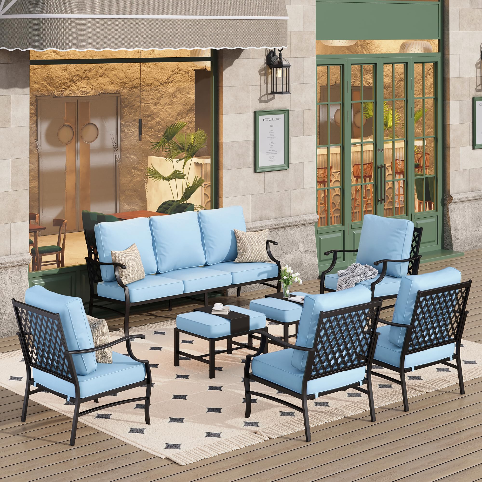 7 Piece Patio Furniture Set, 4 x Metal Cushioned Chair, 2 x Cushioned Ottoman, 1 x 3-Seat Sofa, Outdoor Conversation Set for Lawn Garden Backyard, Blue