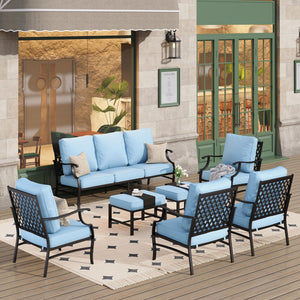 7 Piece Patio Furniture Set, 4 x Metal Cushioned Chair, 2 x Cushioned Ottoman, 1 x 3-Seat Sofa, Outdoor Conversation Set for Lawn Garden Backyard, Blue