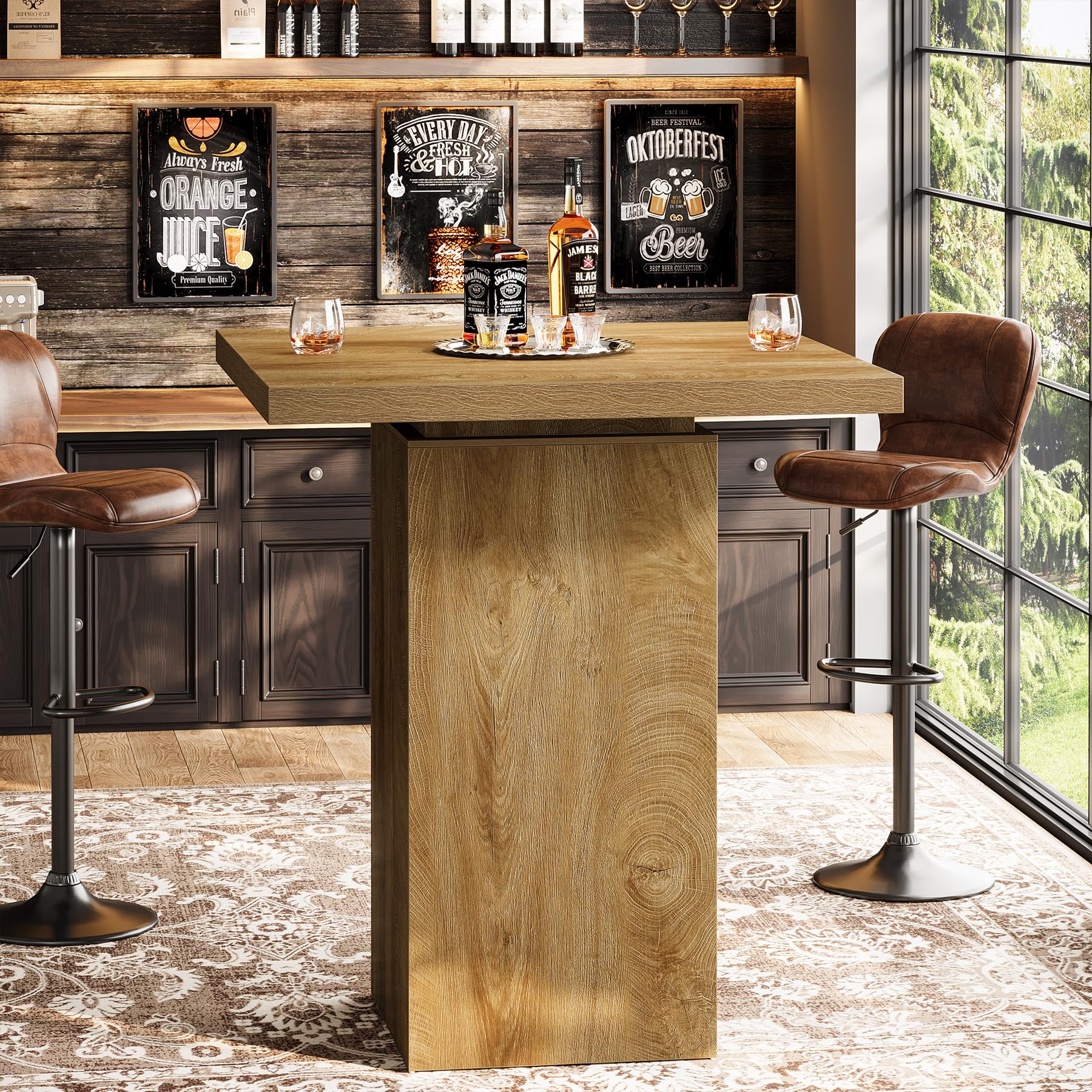 Square Bar Table, 39.4" H Industrial High Top Bistro Pub Cocktail Table, Small Counter Height Dining Table for Kitchen Nook, Home Bar, Coffee Corner, Natural Oak
