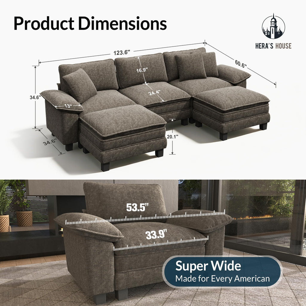 124" Modular Sectional Sofa, Oversized U Shaped Couches for Living Room, Comfy Cloud Couch with Ottoman, 5-Seater Deep Seat Sofa with Throw Pillow, Chenille Ash