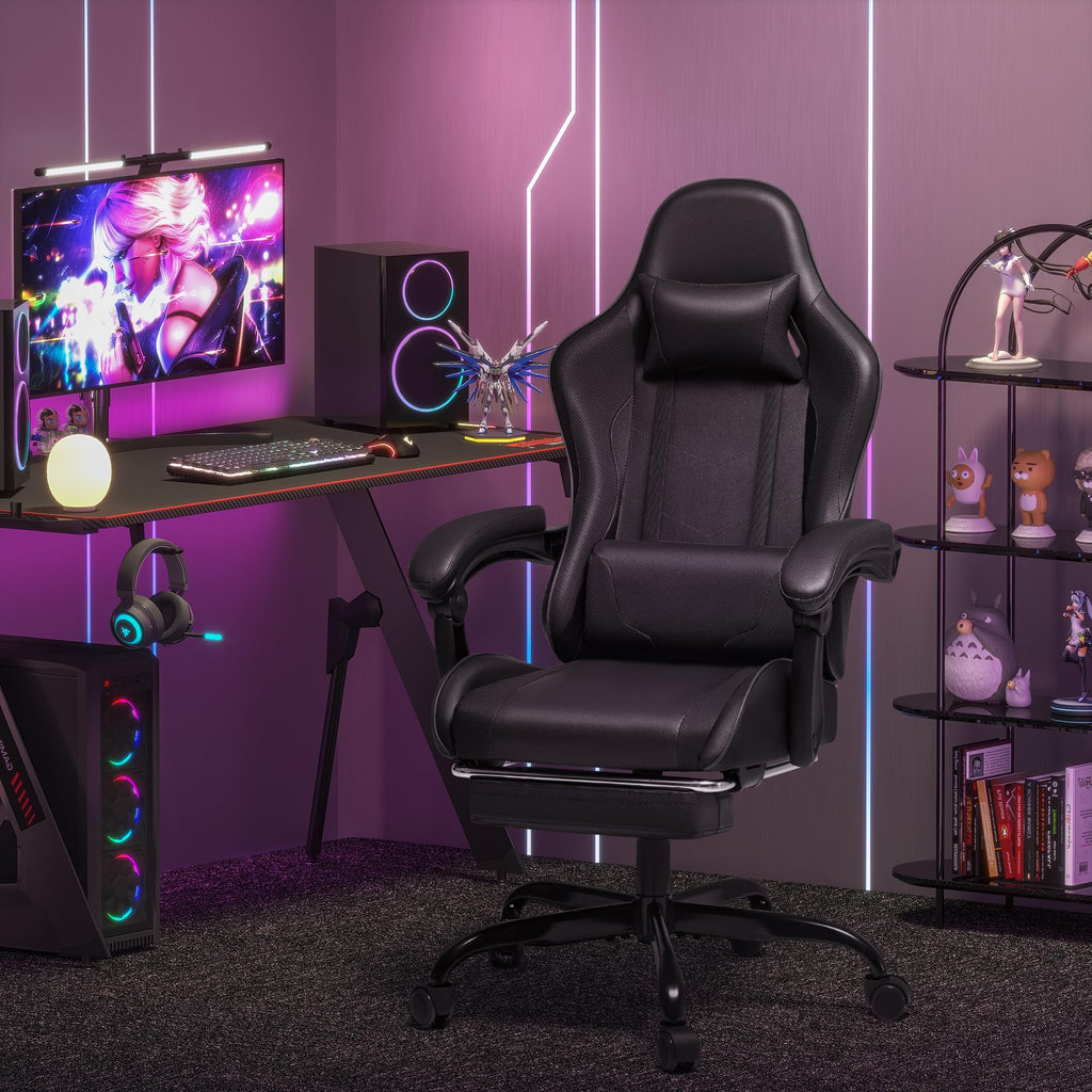 Gaming Chair, Video Game Chair with Footrest and Massage Lumbar Support, Ergonomic Computer Chair Height Adjustable with Swivel Seat and Headrest (Dark Black)