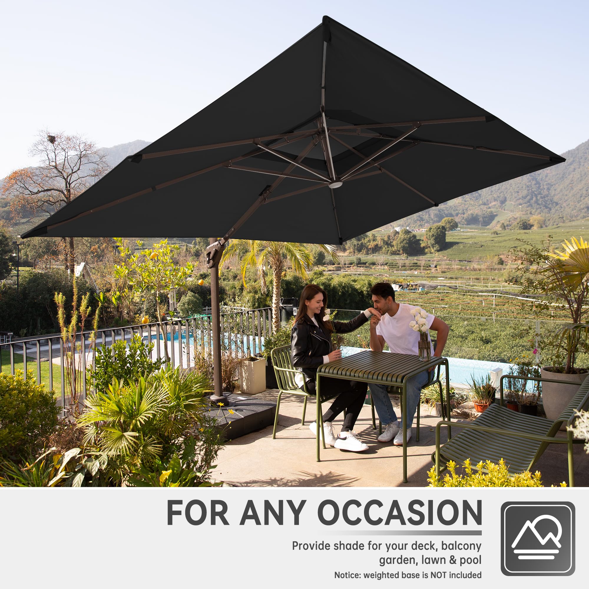 10 X 13 FT Cantilever Outdoor Patio Umbrella with Led Lights Large Heavy Duty 360° Rotation Double Top Offset Rectangular Umbrellas for Backyard Garden Pool Outside Deck, Black