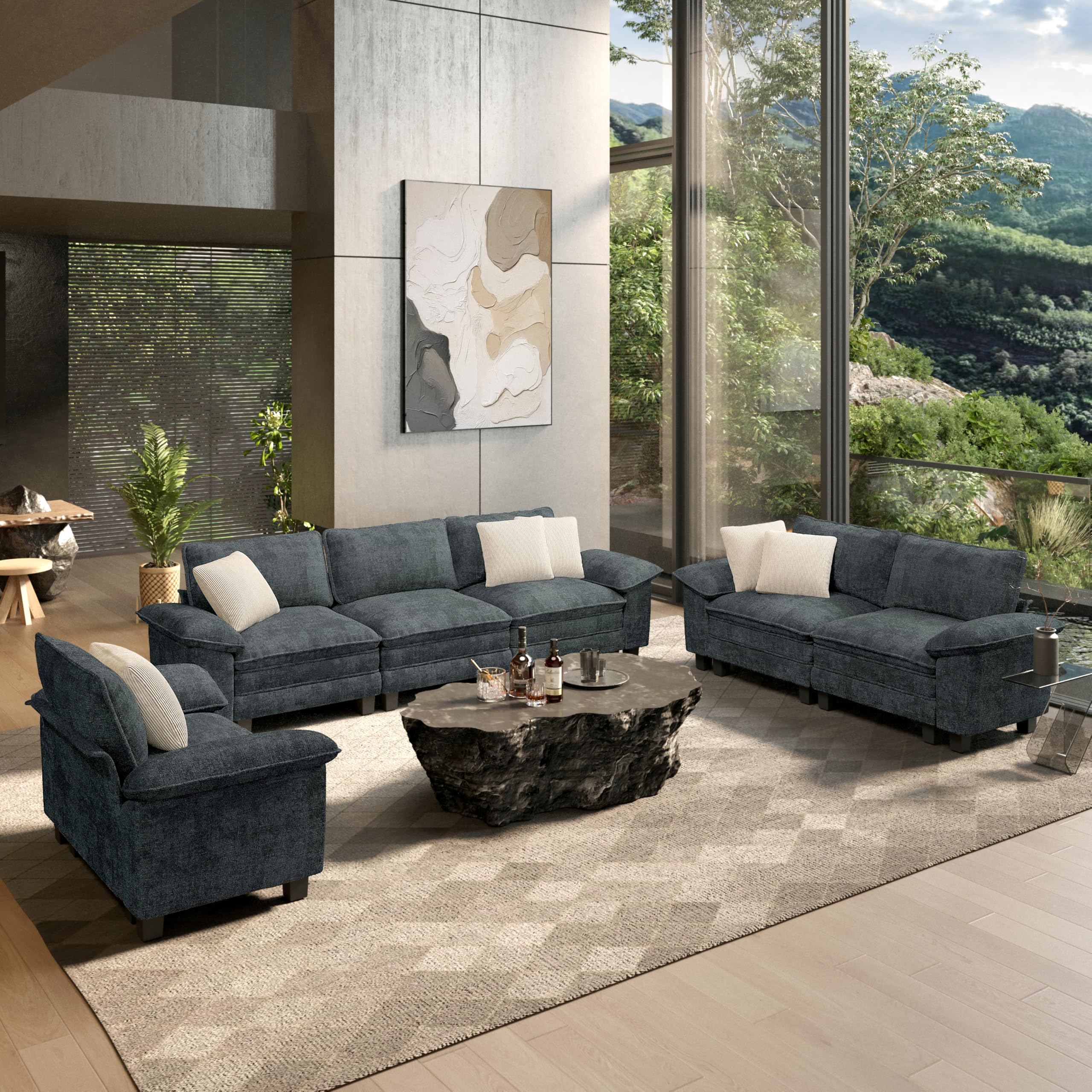 3 Pieces Modular Sectional Sofa Sets, Oversized Couch Set with Loveseats and Armchair, Comfy Cloud Couches with Throw Pillows, 6-Seater Sofa for Living Room, Chenille Dark Blue