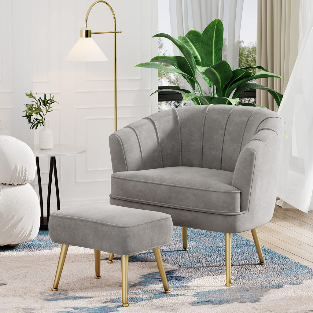 Velvet Accent Chair with Ottoman, Upholstered Modern Single Sofa Side Chair,Comfy Barrel Club Living Room Armchair with Golden Metal Legs for Bedroom Living Reading Room Office, Grey