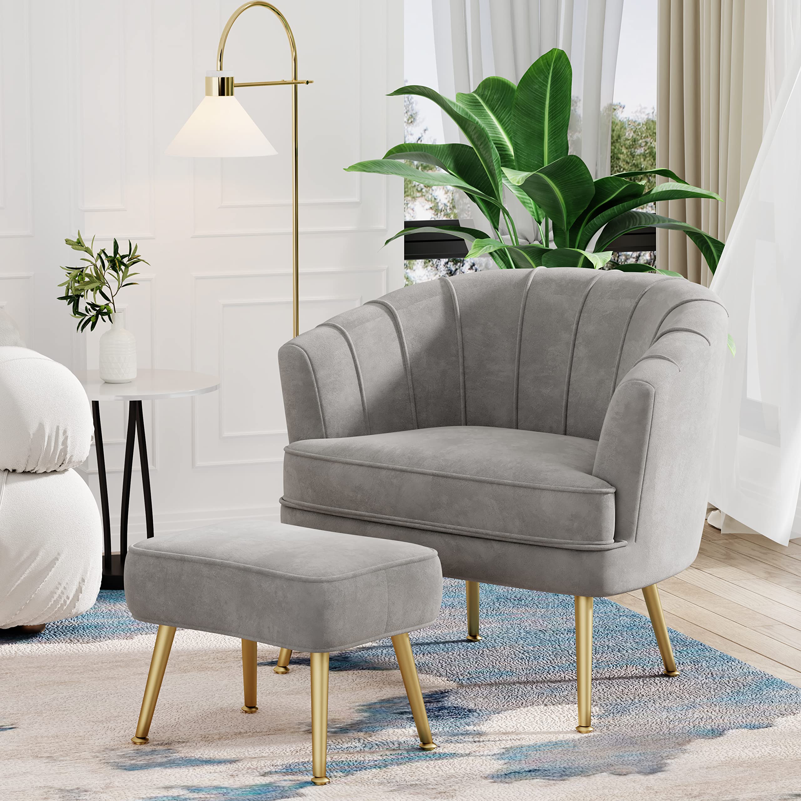 Velvet Accent Chair with Ottoman, Upholstered Modern Single Sofa Side Chair,Comfy Barrel Club Living Room Armchair with Golden Metal Legs for Bedroom Living Reading Room Office, Grey