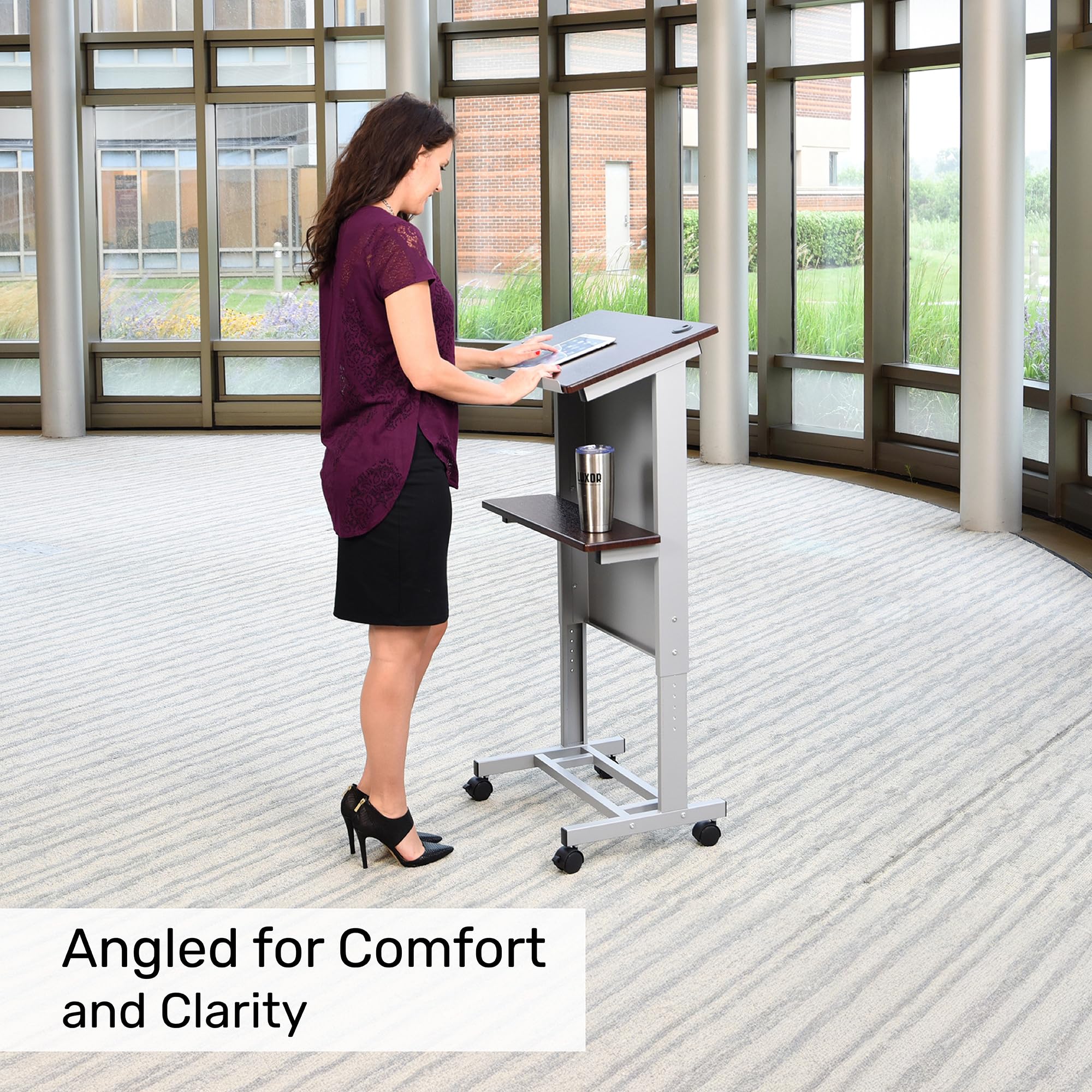 Stand Up Adjustable Height Lectern Podium | Rolling Desk with Storage Shelf | Ergonomic Standing Desk Frame for Office, Classroom, Laptop, Teaching, Presentations & More (Dark Walnut)