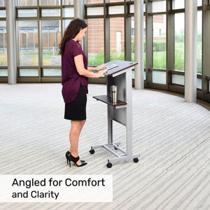 Stand Up Adjustable Height Lectern Podium | Rolling Desk with Storage Shelf | Ergonomic Standing Desk Frame for Office, Classroom, Laptop, Teaching, Presentations & More (Dark Walnut)