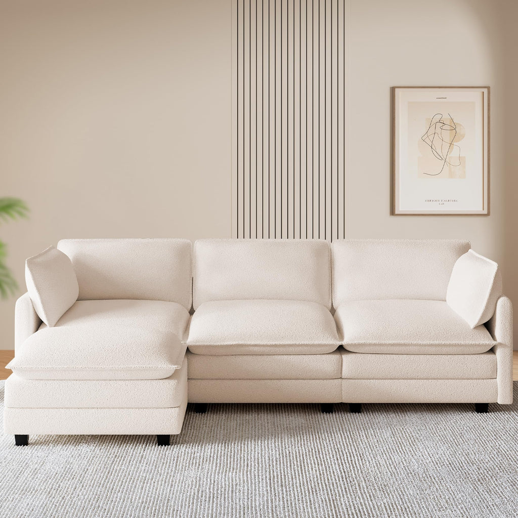 112'' Modular Sectional Cloud Couch with Movable Ottoman, 4 Seat Modern Chenille Sofa with 2 Throw Pillows, Deep Seat L Shaped Couch for Living Room Bedroom Apartment, Beige