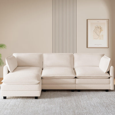 112'' Modular Sectional Cloud Couch with Movable Ottoman, 4 Seat Modern Chenille Sofa with 2 Throw Pillows, Deep Seat L Shaped Couch for Living Room Bedroom Apartment, Beige
