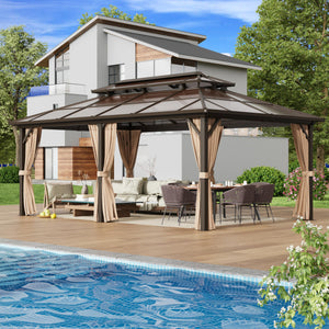 12' x 20' Gazebo Polycarbonate Double Roof Canopy with Aluminum Frame, Outdoor Permanent Metal Pavilion with Netting and Curtains for Garden Patio Lawns