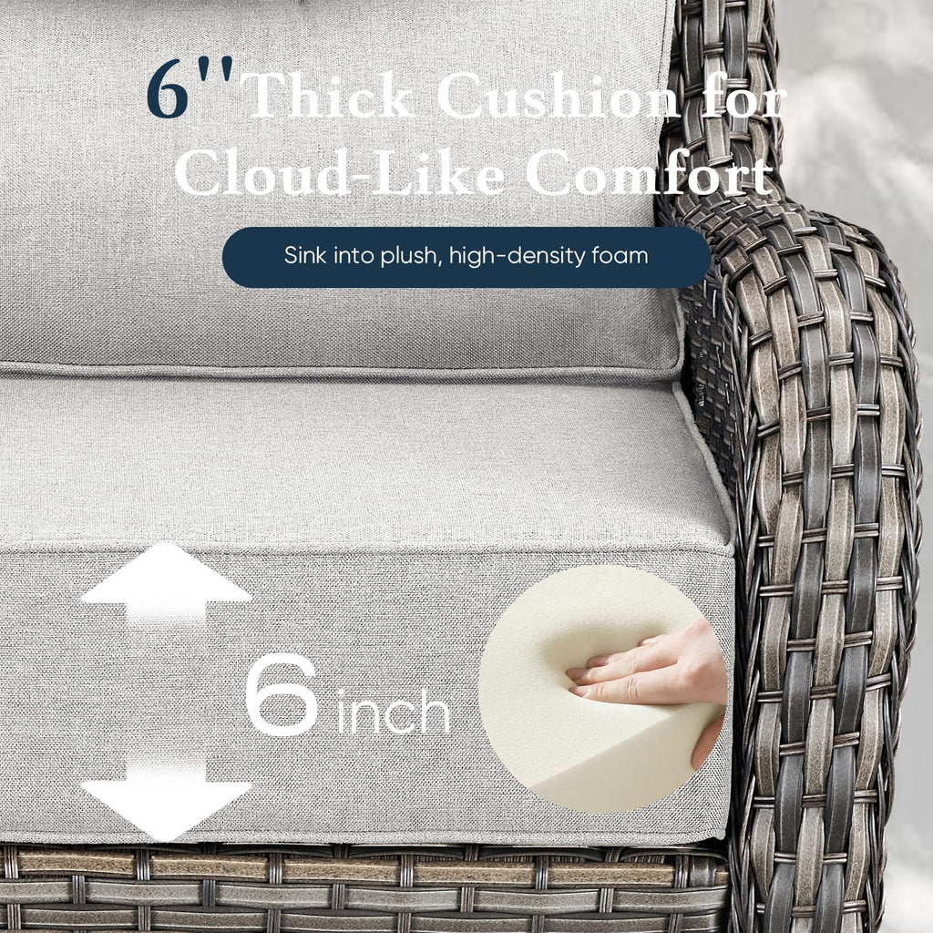 Luxury 6" Thick Cushioned 5 Pieces Patio Furniture Set with 2 Ottomans, Wicker Outdoor Conversation Set with High Back Swivel Rocker Patio Chairs for Deck Porch Yard and Poolside - Grey+Beige