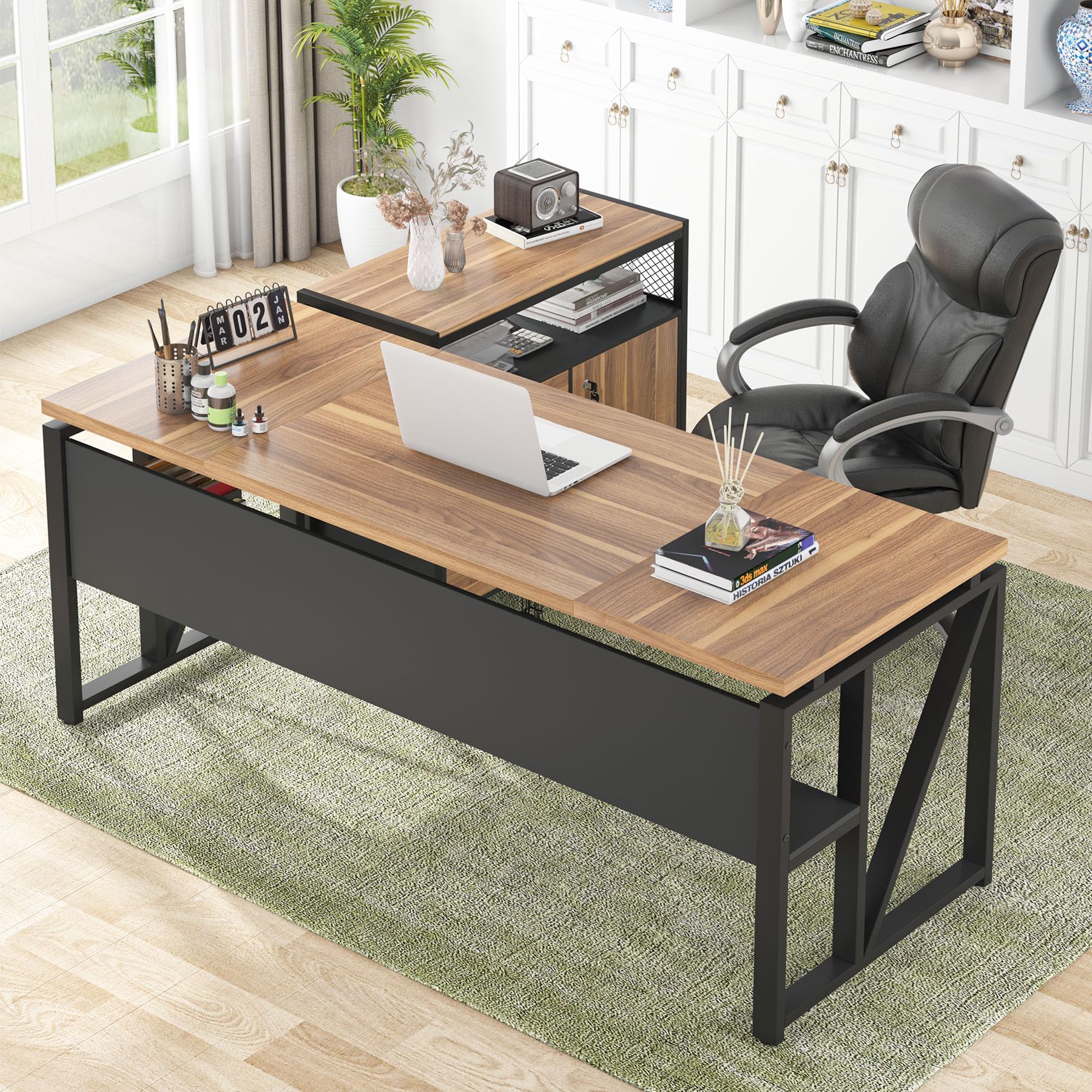 63" L Shaped Desk with Drawer Cabinet, Executive Computer Desk and lateral File Cabinet, 2 Piece Home Office Furniture with Drawers for Hanging File, Doors with Locks (Brown, 63 inches)