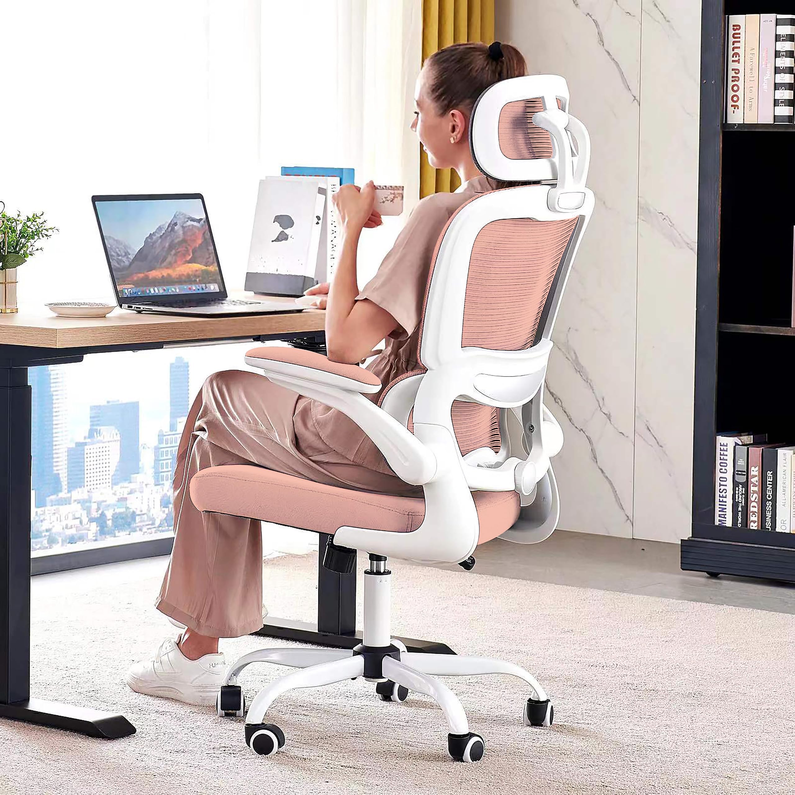 Office Chair Ergonomic Desk Chair, 330 LBS Home Mesh Office Desk Chairs with Wheels, Comfortable Gaming Chairs (Pink)