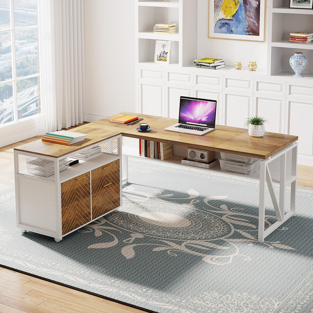 L Shaped Desk with Drawer,63" Executive Computer Desk and lateral File Cabinet, 2 Piece Home Office Furniture for Hanging File, Cabinet with Doors (Walnut, 63-inches)