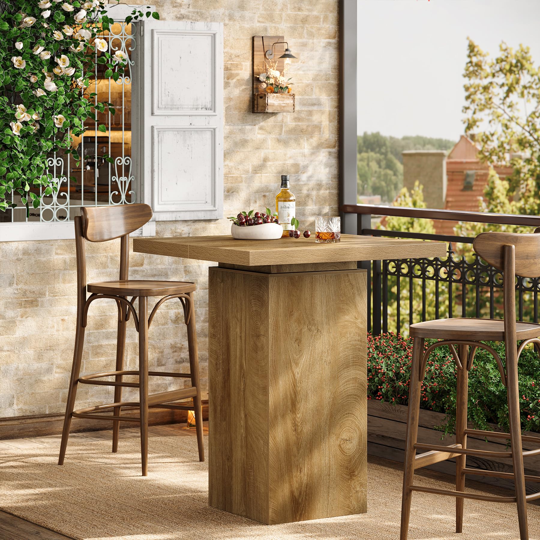 Square Bar Table, 39.4" H Industrial High Top Bistro Pub Cocktail Table, Small Counter Height Dining Table for Kitchen Nook, Home Bar, Coffee Corner, Natural Oak