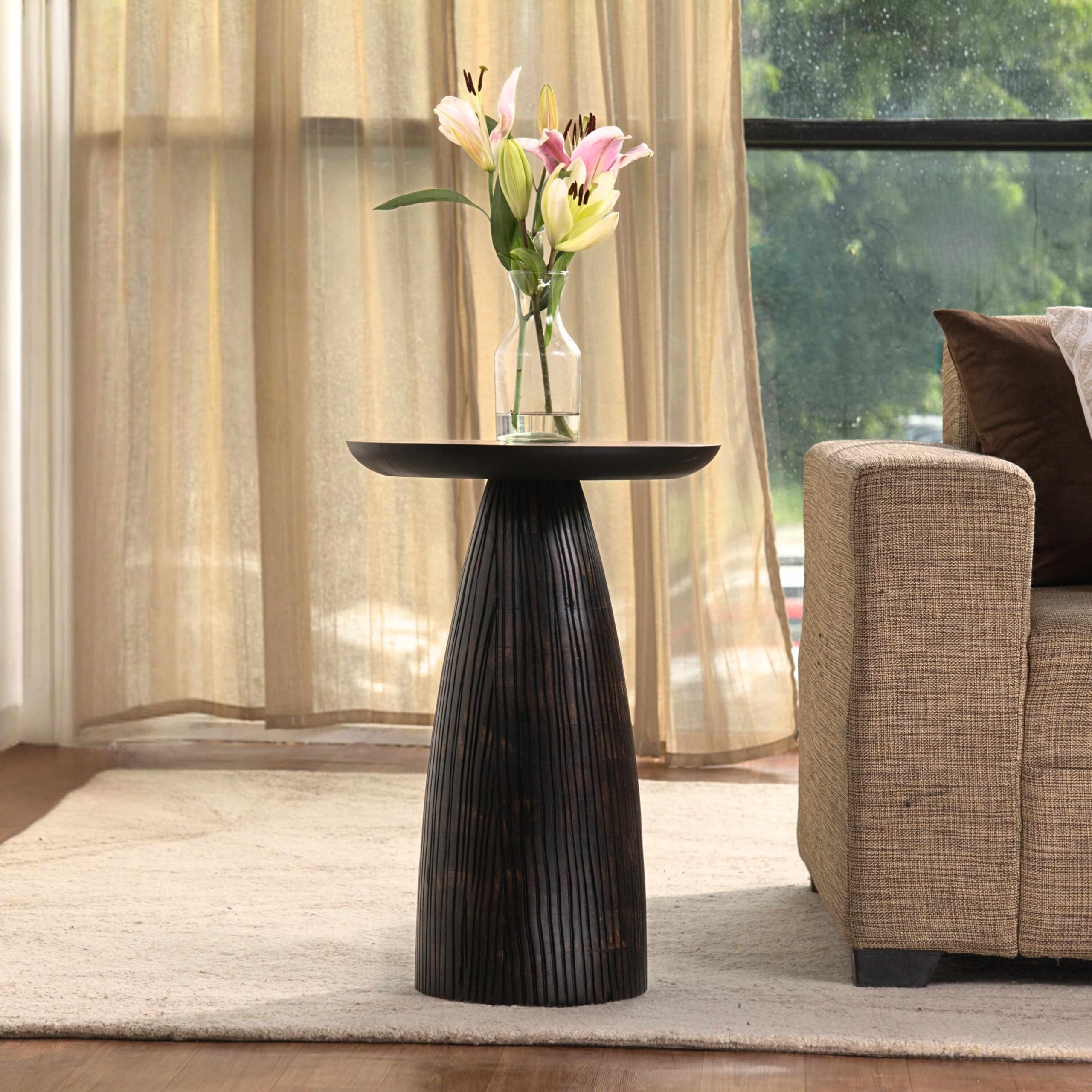 Mid-Century Farmhouse Cottagecore Accent Drink Table, Round Solid Mango Wood Accent Table with Carved Cone Base Minimalist Design for Small Spaces, Living Room, Bedroom or Entryway, Brown, Assembled