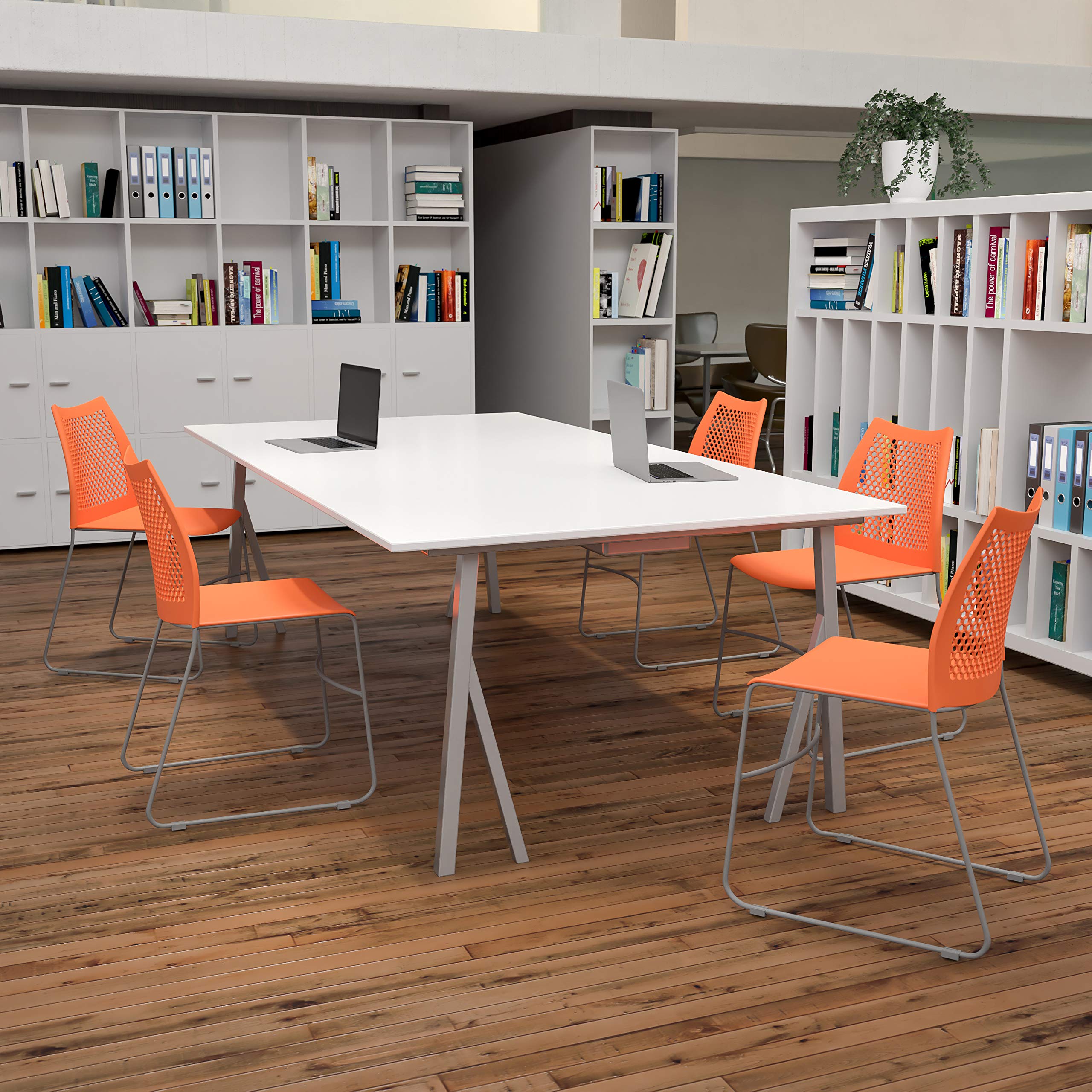 Set of 5 Orange, Hercules Series Contoured Lobby Chairs with Air-Vent Honeycomb Backs, Ergonomic Stacking Chairs for Offices