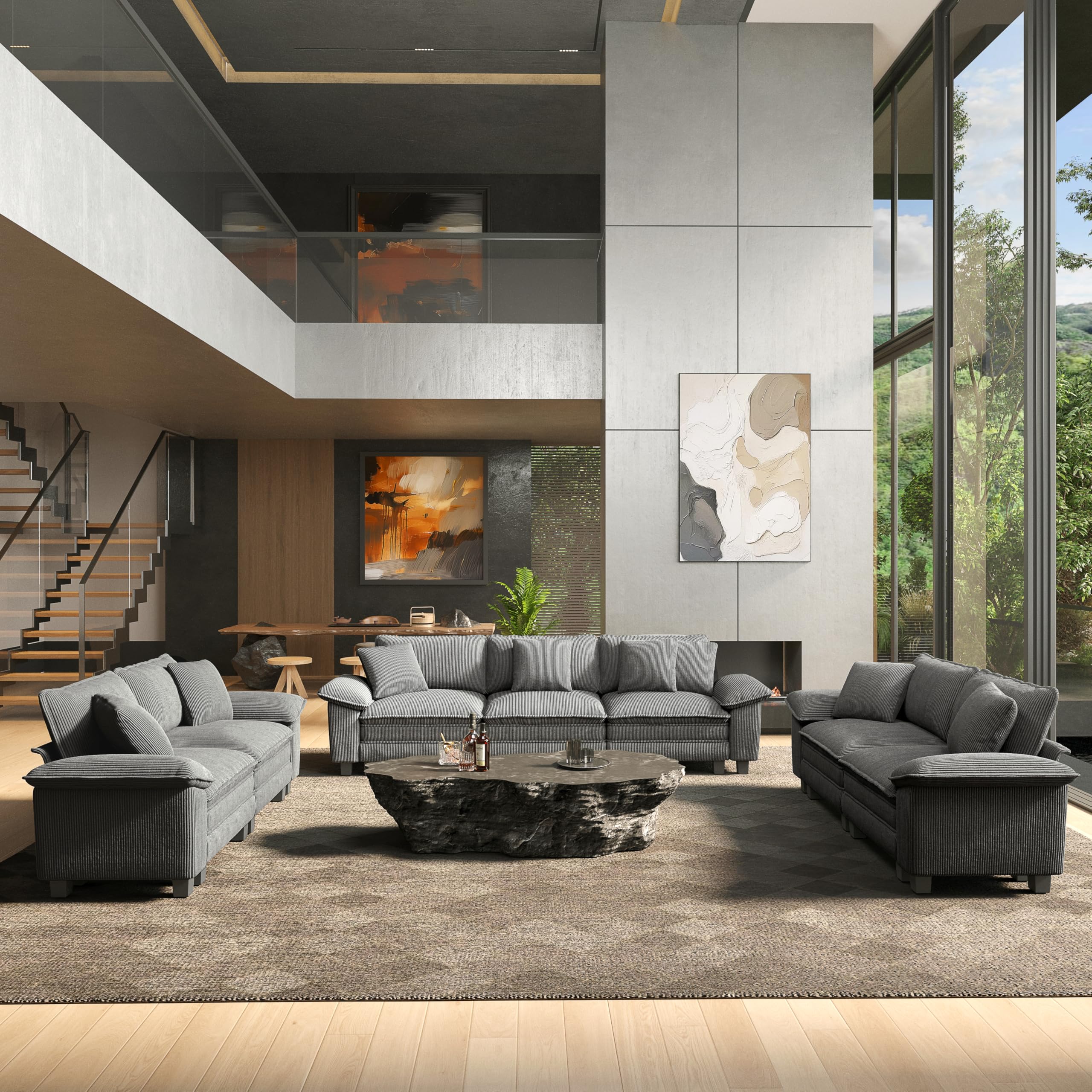3 Pieces Modular Sectional Sofa Sets, Oversized Couch Set with Loveseats, Comfy Cloud Couches with Throw Pillows, 7-Seater Deep Seat Sofa for Living Room, Corduroy Grey