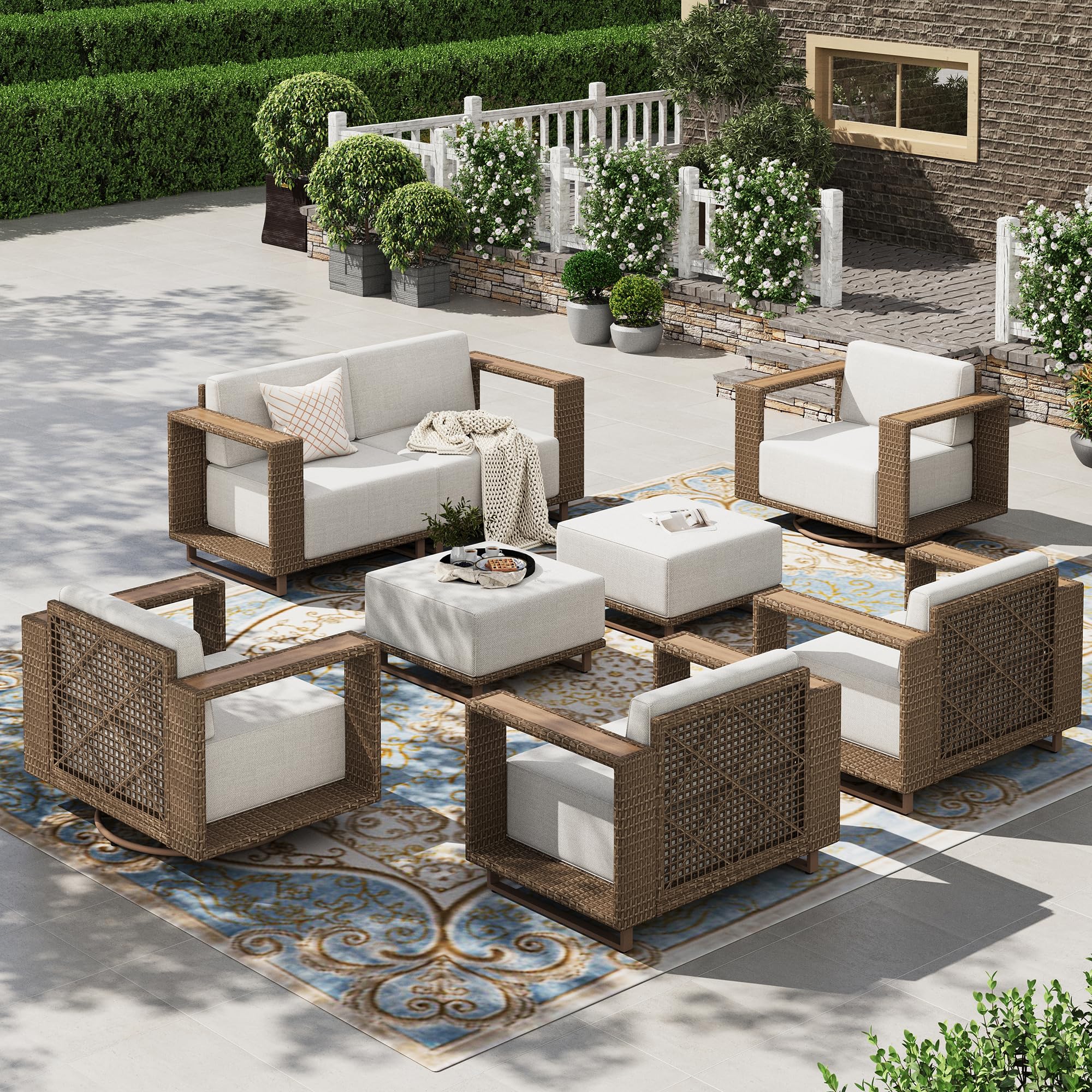 8 Pieces Patio Furniture Set, 4 Outdoor Sectional Rattan Wicker Sofas,2 Swivel Armchairs with 2 Ottomans, All Weather Couch Set with 5.3