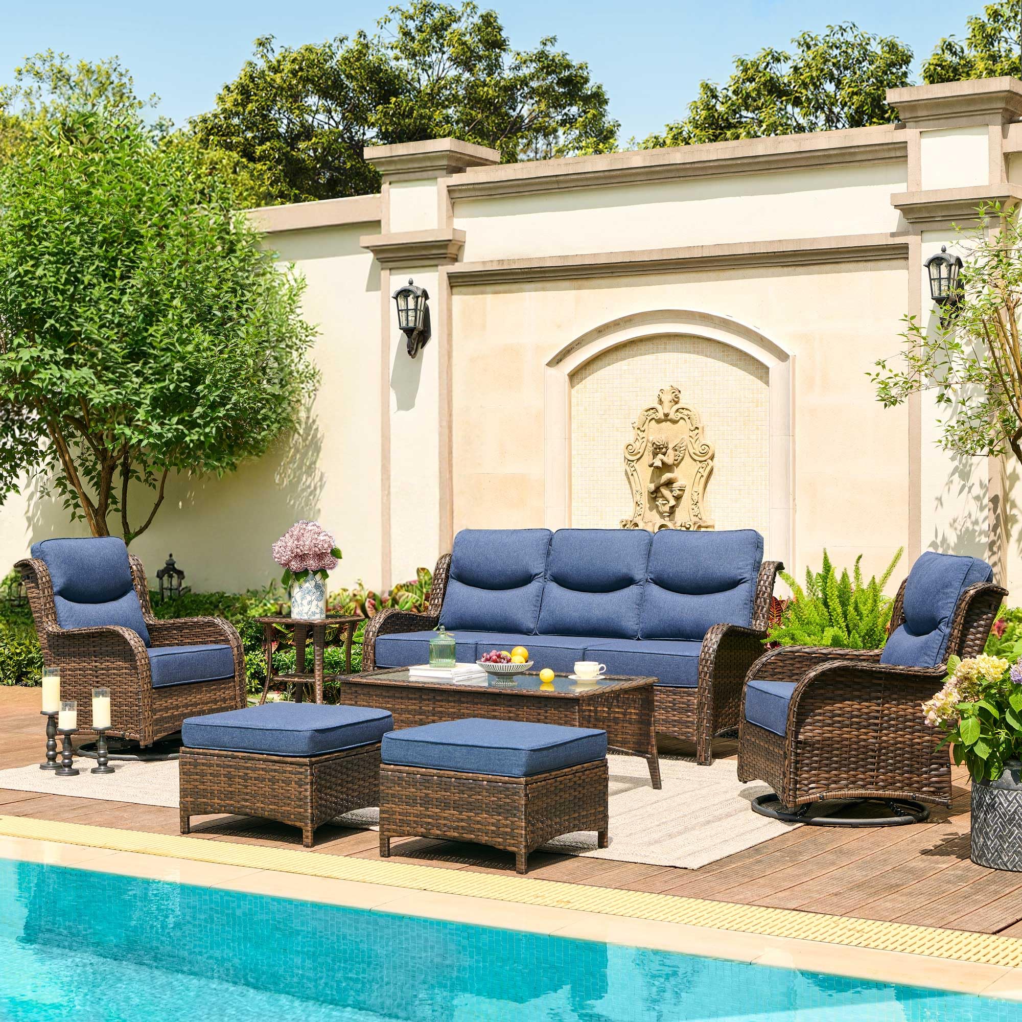 Luxury Patio Furniture Set with 6-inch Thick Cushion, Outdoor Couch and High Back Swivel Rocker Patio Chairs, 7PCS Wicker Conversation Set for Deck Yard and Poolside, Blue (V2)