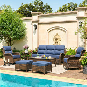 Luxury Patio Furniture Set with 6-inch Thick Cushion, Outdoor Couch and High Back Swivel Rocker Patio Chairs, 7PCS Wicker Conversation Set for Deck Yard and Poolside, Blue (V2)