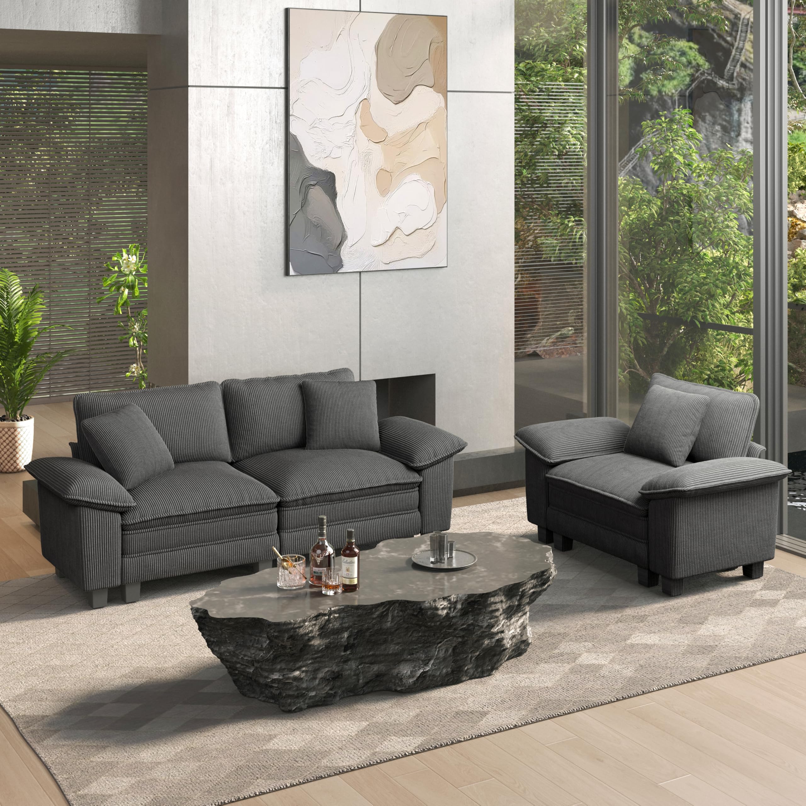 2 Pieces Modular Sectional Sofa Sets, Oversized Couch Set with Loveseat and Armchair, Comfy Cloud Couches with Throw Pillows, 3-Seater Deep Seat Sofa for Living Room, Corduroy Grey
