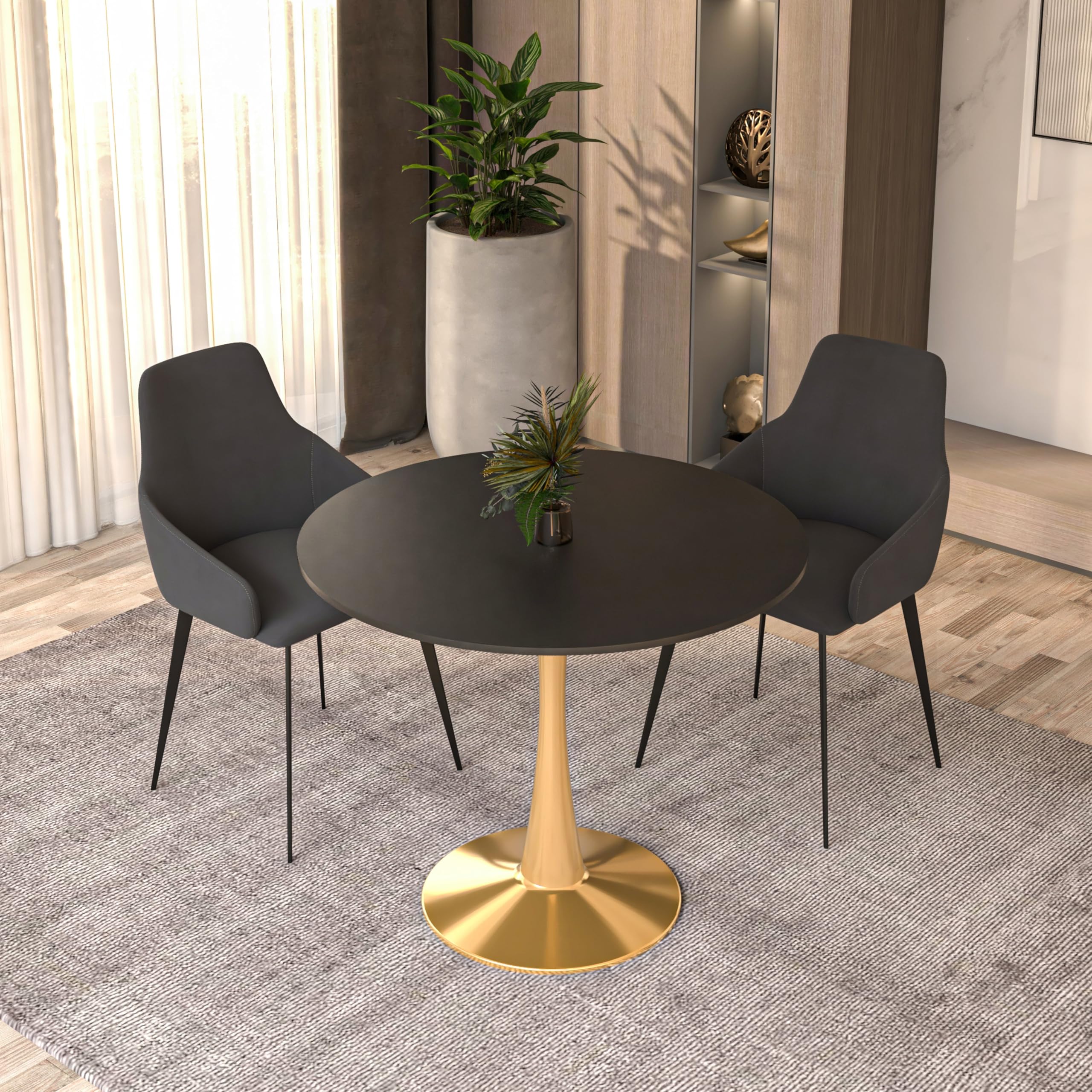 31" Round Dining Table in Black Modern MDF Wood Tabletop with Gold Pedestal Base, Mid-Century Accent Table for Kitchen, Café & Dining Room