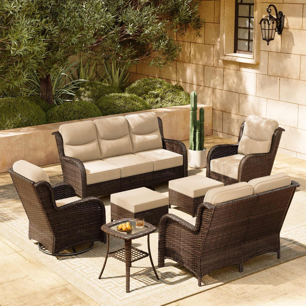 Luxury Patio Furniture Set with 6-inch Thick Cushion, Outdoor Couch, Loveseat and High Back Swivel Rocker Patio Chairs, 7PCS Wicker Conversation Set for Deck Yard and Poolside, Beige (V2)