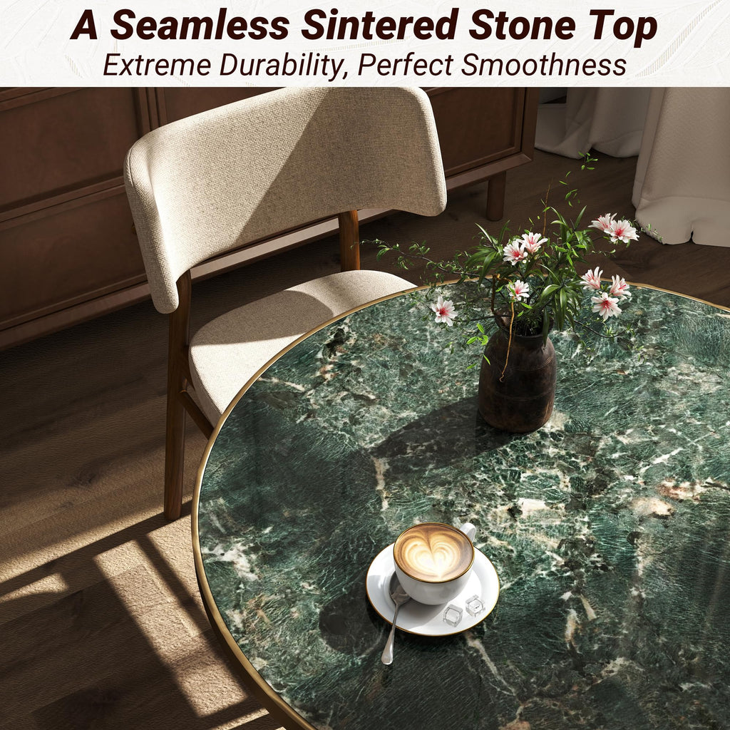31.5" Tulip Table,Round Kitchen Dining Table for 2-4 with Thick Sintered Stone Top,Titanium Golden Pedestal Base,Heat-Resistant,Bistro Table for Dining Room,Café,Small Space（Emerald Essence）