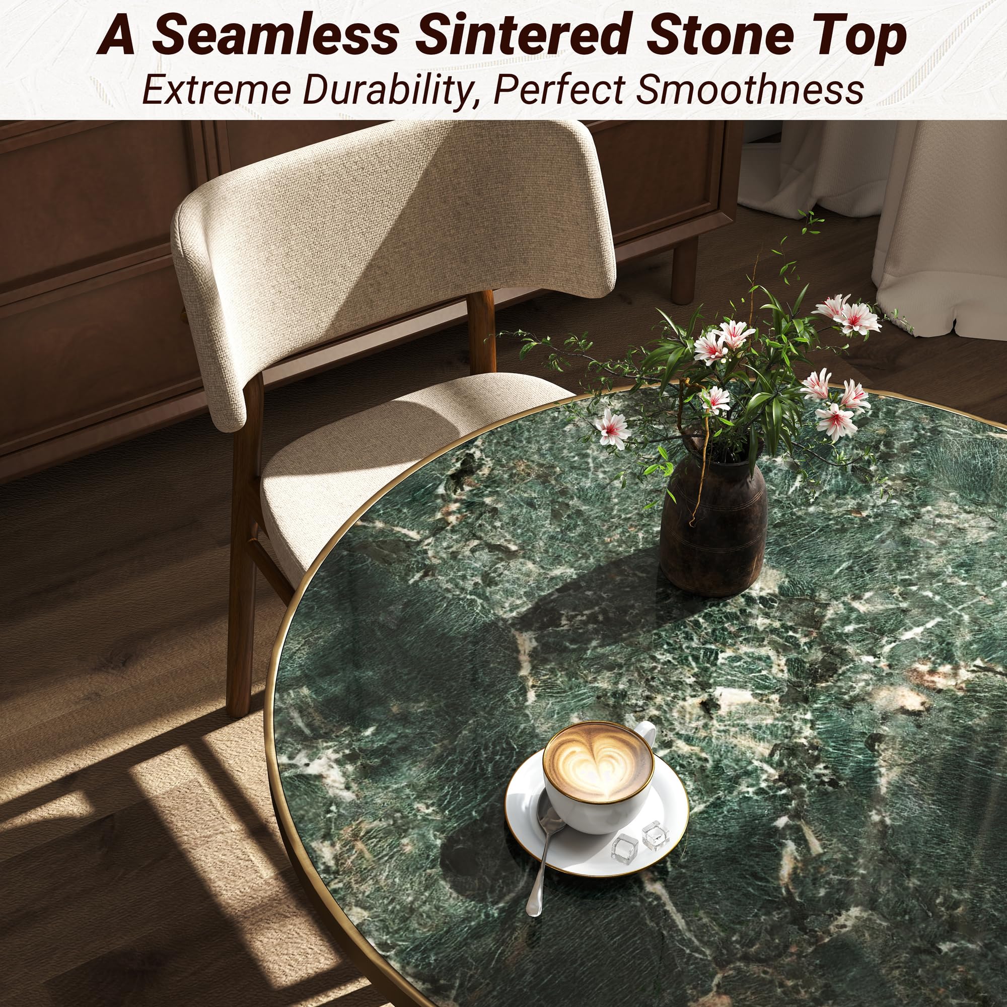 31.5" Tulip Table,Round Kitchen Dining Table for 2-4 with Thick Sintered Stone Top,Titanium Golden Pedestal Base,Heat-Resistant,Bistro Table for Dining Room,Café,Small Space（Emerald Essence）