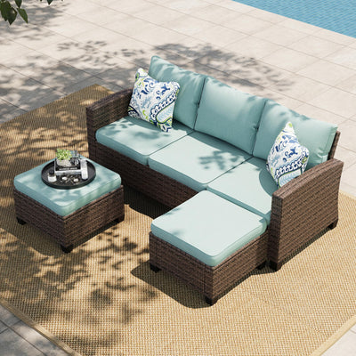 Small Patio Furniture Set, 3 Pieces Wicker Outdoor Sectional Set, L-Shaped Patio Couch Set, Modular Rattan Conversation Set with Lounge Sofa and Ottomans for Deck Lawn Garden, Blue