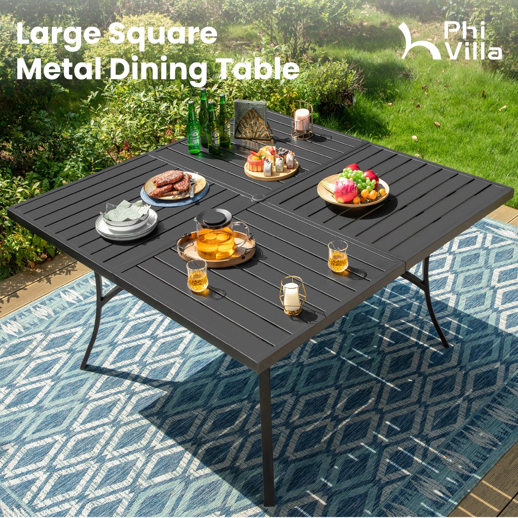 9 Piece Outdoor Patio Dining Set, Large Square Metal Dining Table and 8 Outdoor Swivel Dining Chairs, Patio Table and Blue Chair Furniture Dining Set for 8 Person