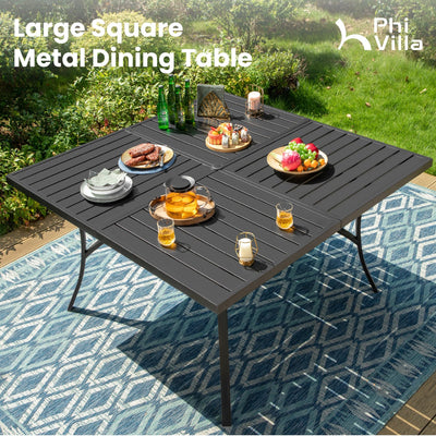 9 Piece Outdoor Patio Dining Set, Large Square Metal Dining Table and 8 Outdoor Swivel Dining Chairs, Patio Table and Blue Chair Furniture Dining Set for 8 Person