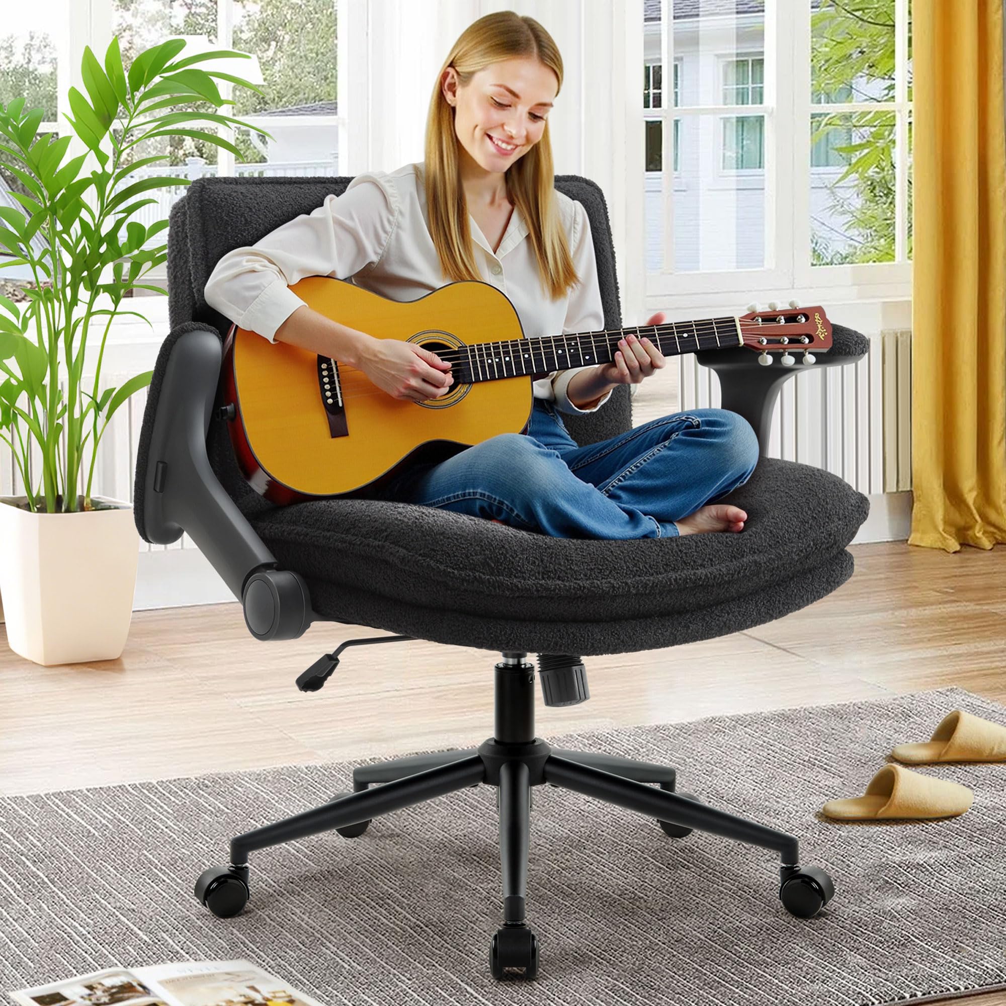 Criss Cross Legged Office Chair with Wheels and Flip-Up Arms, Ergonomic Wide Seat Desk Chair with Thick Padded, Height Adjustable Criss Cross Chairs for Home Office, Bedroom,Apartment,Vanity,Black