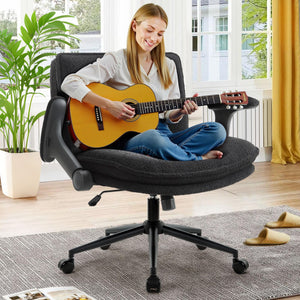 Criss Cross Legged Office Chair with Wheels and Flip-Up Arms, Ergonomic Wide Seat Desk Chair with Thick Padded, Height Adjustable Criss Cross Chairs for Home Office, Bedroom,Apartment,Vanity,Black