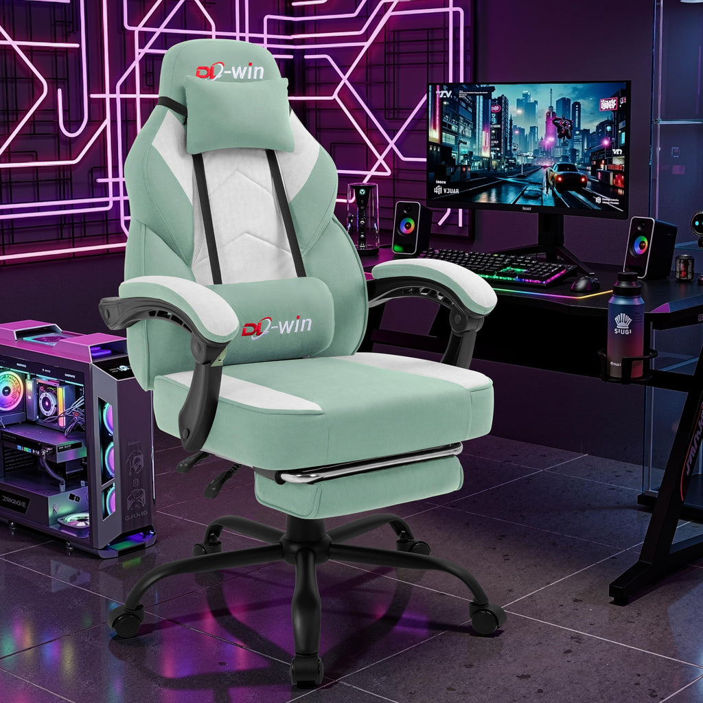 Gaming Chair for Adults with Footrest & Massage Lumbar Support, Ergonomic High Back Gamer Chair, Adjustable Swivel Computer Gaming Chairs with Headrest and Linkage Armrests,Green